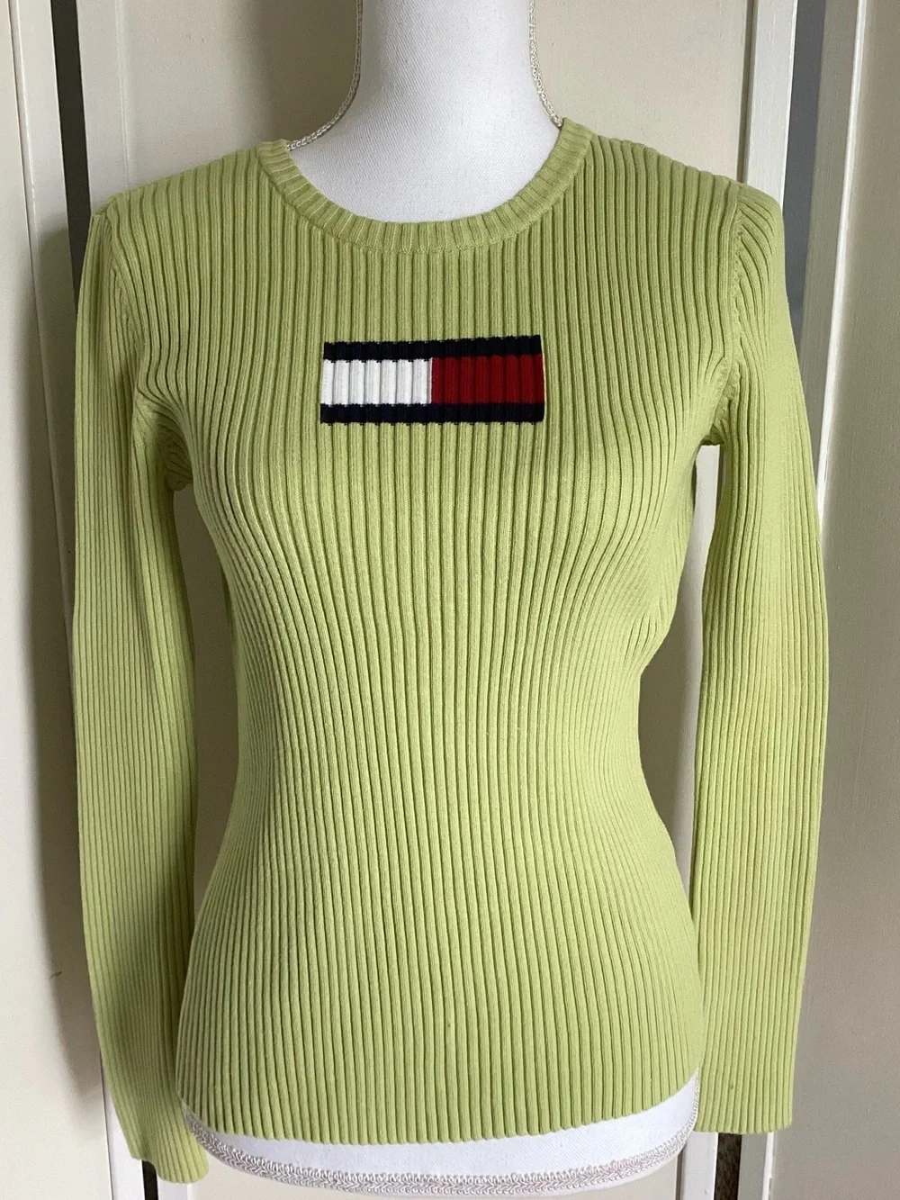 TOMMY HILFIGER ribbed sweater Sz S green cotton Y2K long sleeve